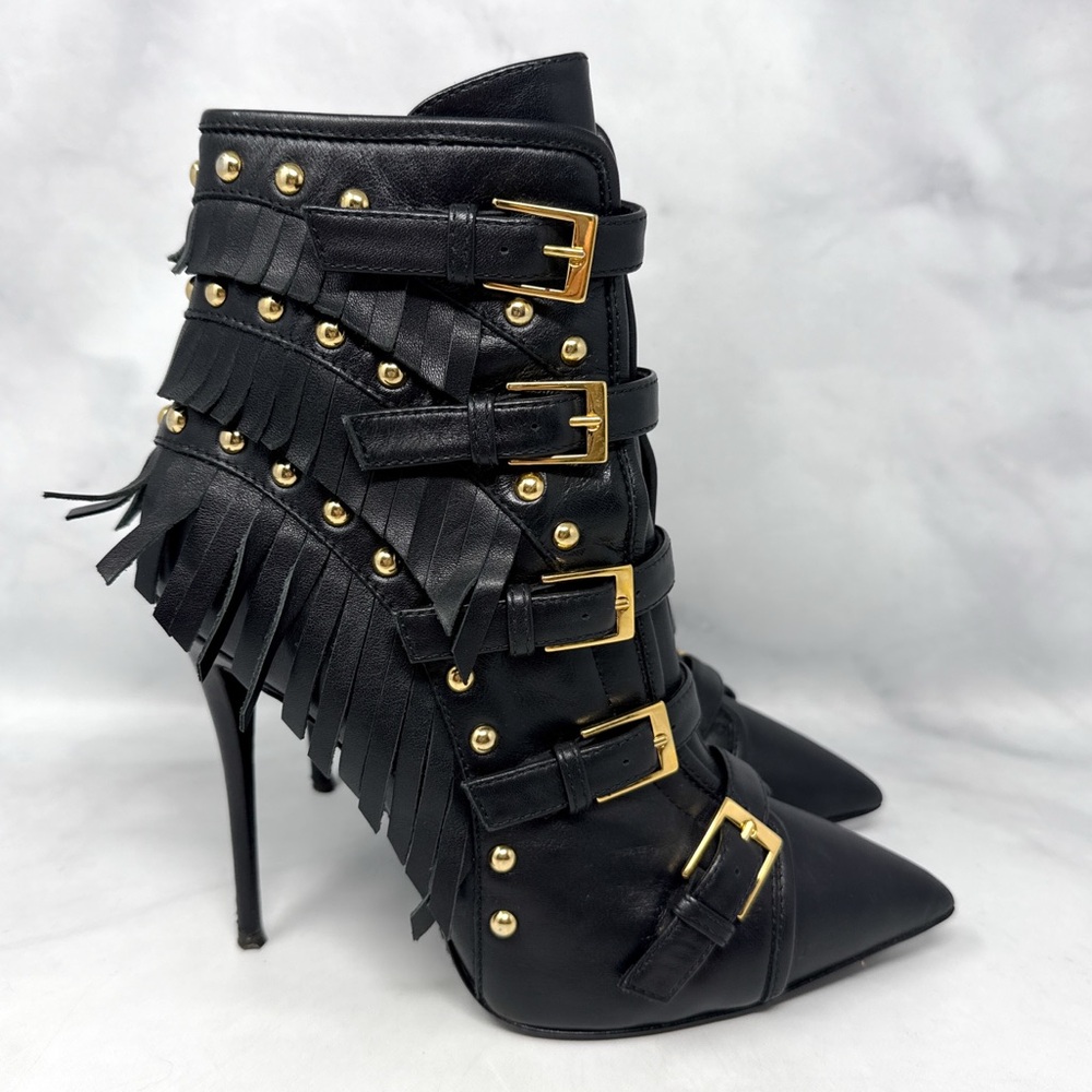 Giuseppe Zanotti Yvette Jeti 110 Studded Fringe Pointed Toe Ankle Bootie Boot 37
